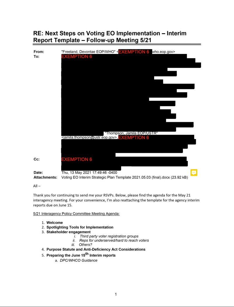 Screenshot of email related to USTR implementation of E.O 14019