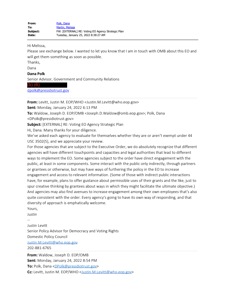 Screenshot of email related to Presidio Trusts' E.O. 14019 implementation