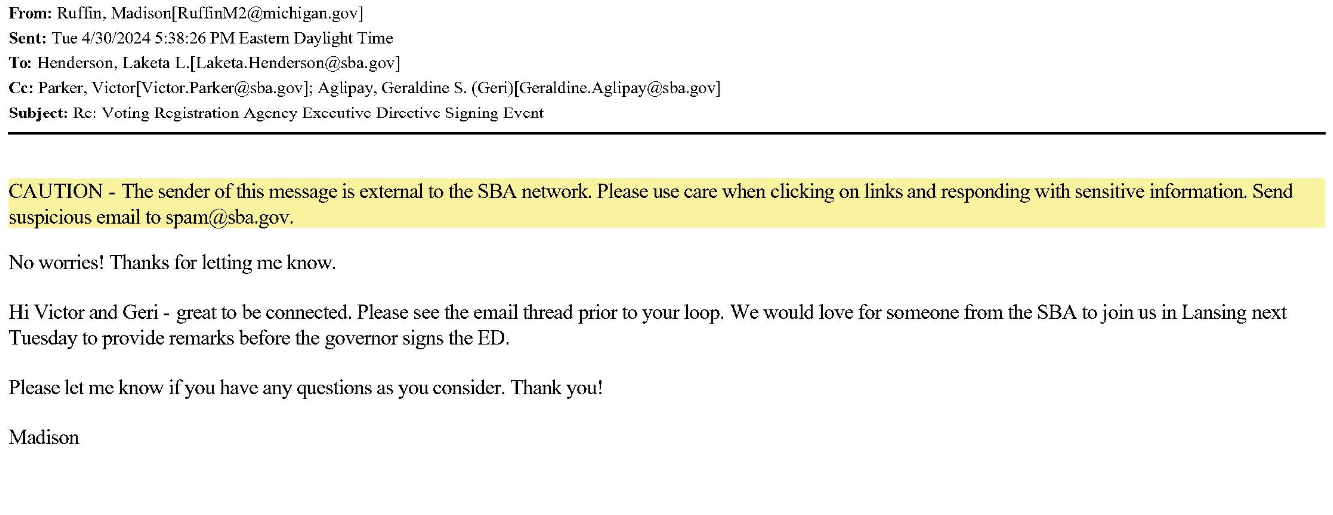 Small Business Administration contact with Michigan regarding E.O. 1419